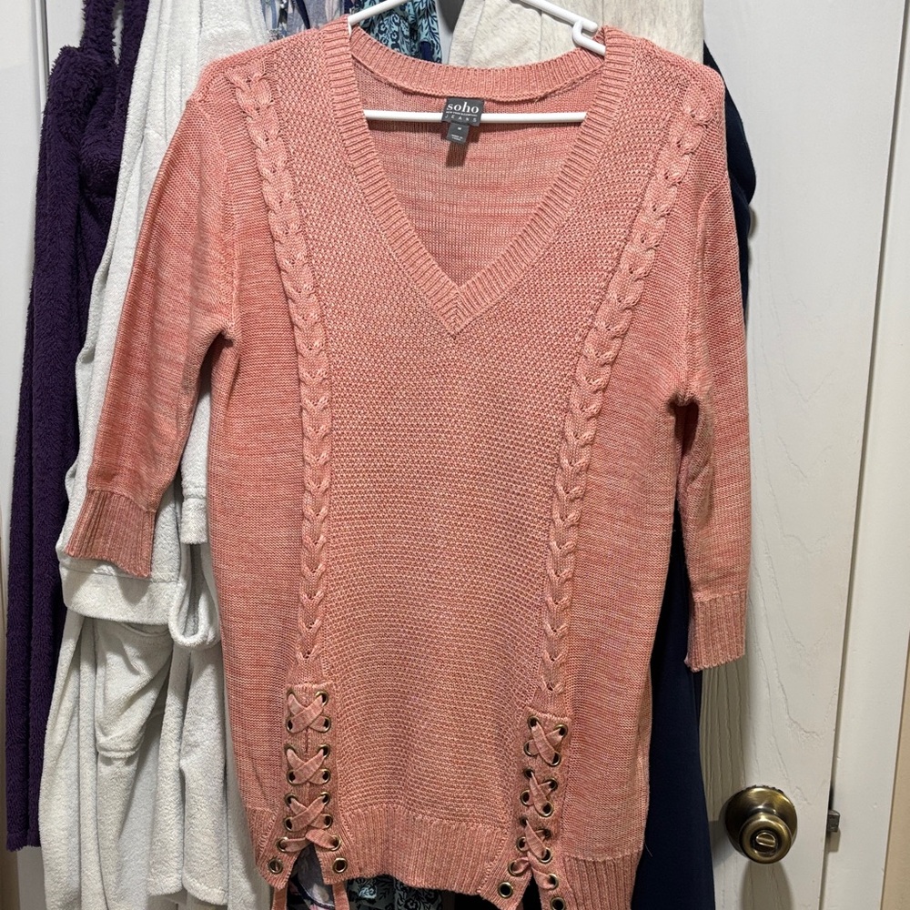 SOHO New York & Company Coral V-Neck Sweater with Lace-Up Detail